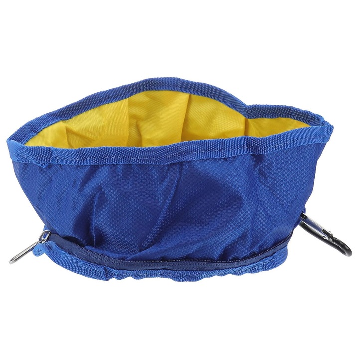 Bol pliabil pentru caini si pisici din poliester, impermeabil, cu carabiniera si fermoar, albastru/galben, 19 x 19 cm
