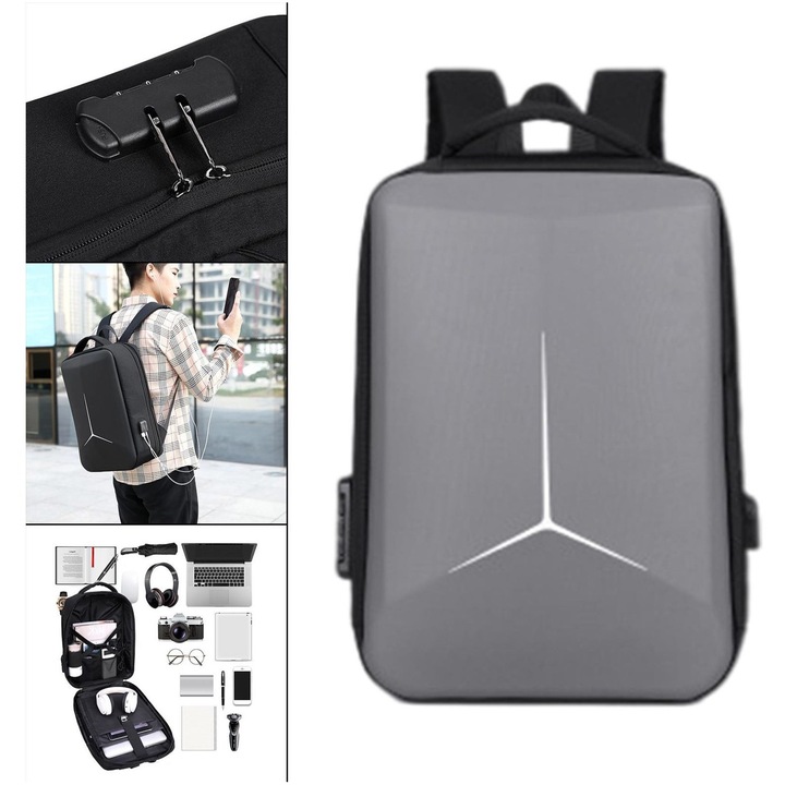 Rucsac business din material sintetic, cu port USB si incuietoare, gri, pentru laptop 17.3-18 inch