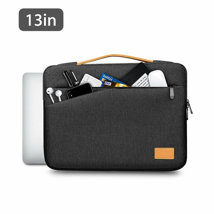 Husa pentru laptop 13–15.6 inch K0403-emagCJ-42247, poliester rezistent la apa cu captuseala din catifea, maner telescopic si buzunar pentru accesorii, gri