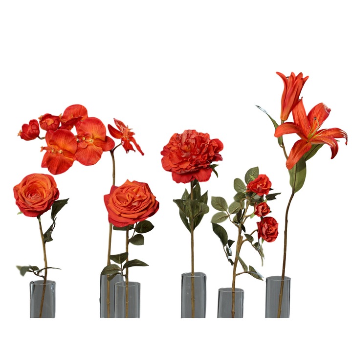 Aranjament x6 flori artificiale portocaliu-rosu - 64 cm