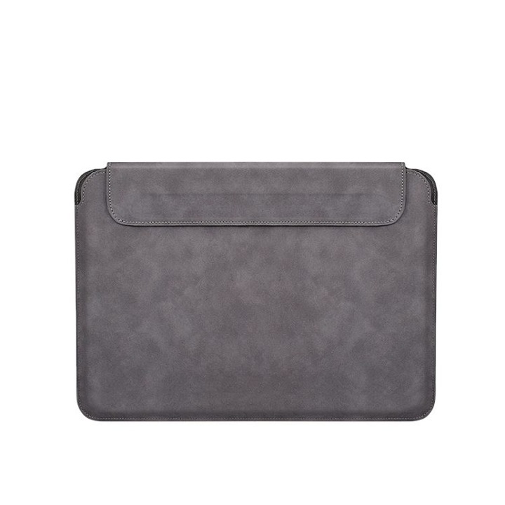 Husa pentru laptop piele de miel, subtire cu captuseala micro-fleece si inchidere magnetica, gri, 14.1-15.4 inch