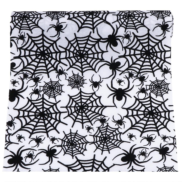 Len asztali futó, Halloween mintás pókokkal és pókhálókkal, fekete/fehér, 270 x 27 cm