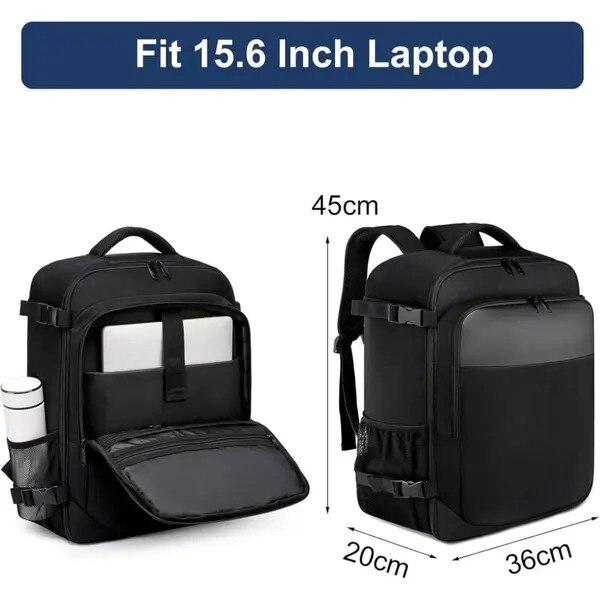 Rucsac de calatorie textil cu deschidere tip valiza, compartiment pentru laptop 14'', port USB extern, maner trolley si buzunar anti-furt, 45 x 36 x 20 cm, negru, 32 L
