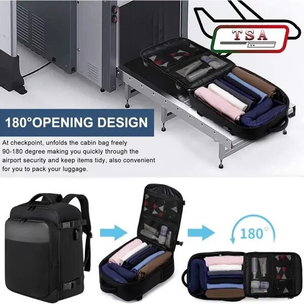 Rucsac de calatorie textil cu deschidere tip valiza, compartiment pentru laptop 14'', port USB extern, maner trolley si buzunar anti-furt, 45 x 36 x 20 cm, negru, 32 L