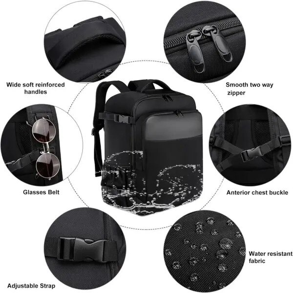 Rucsac de calatorie textil cu deschidere tip valiza, compartiment pentru laptop 14'', port USB extern, maner trolley si buzunar anti-furt, 45 x 36 x 20 cm, negru, 32 L