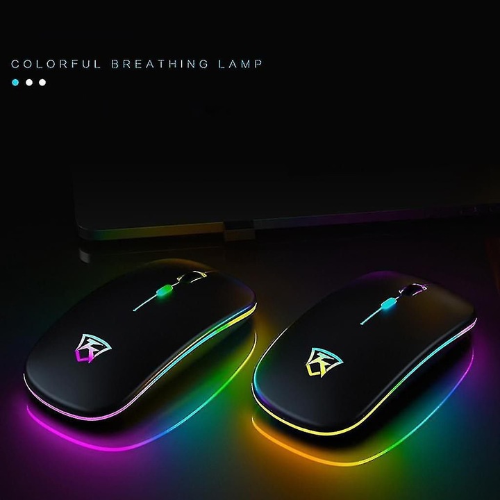 Безжична мишка K0460-emagCJ-6954, Bluetooth и 2.4 GHz (USB приемник), RGB дишаща подсветка, презареждаема, безшумен клик, регулируем DPI 1000/1200/1600, черна