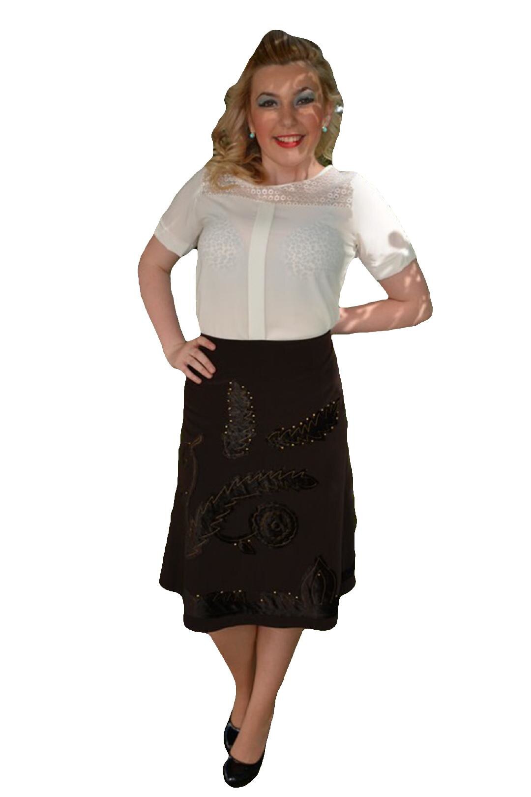 Fusta deosebita din material elastic cu model catifelat, D&J Exclusive, Maro, 42