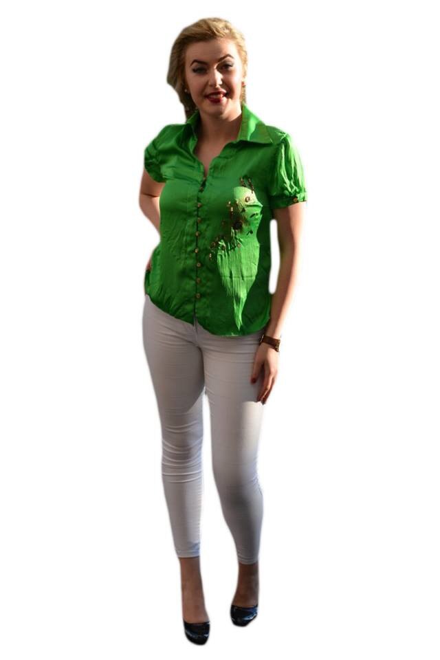 Camasa din material cu aspect lucios, D&J Exclusive, Verde