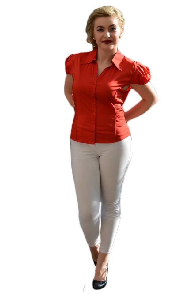 Camasa dama cu maneci scurte, decolteu in V, D&J Exclusive, Rosu