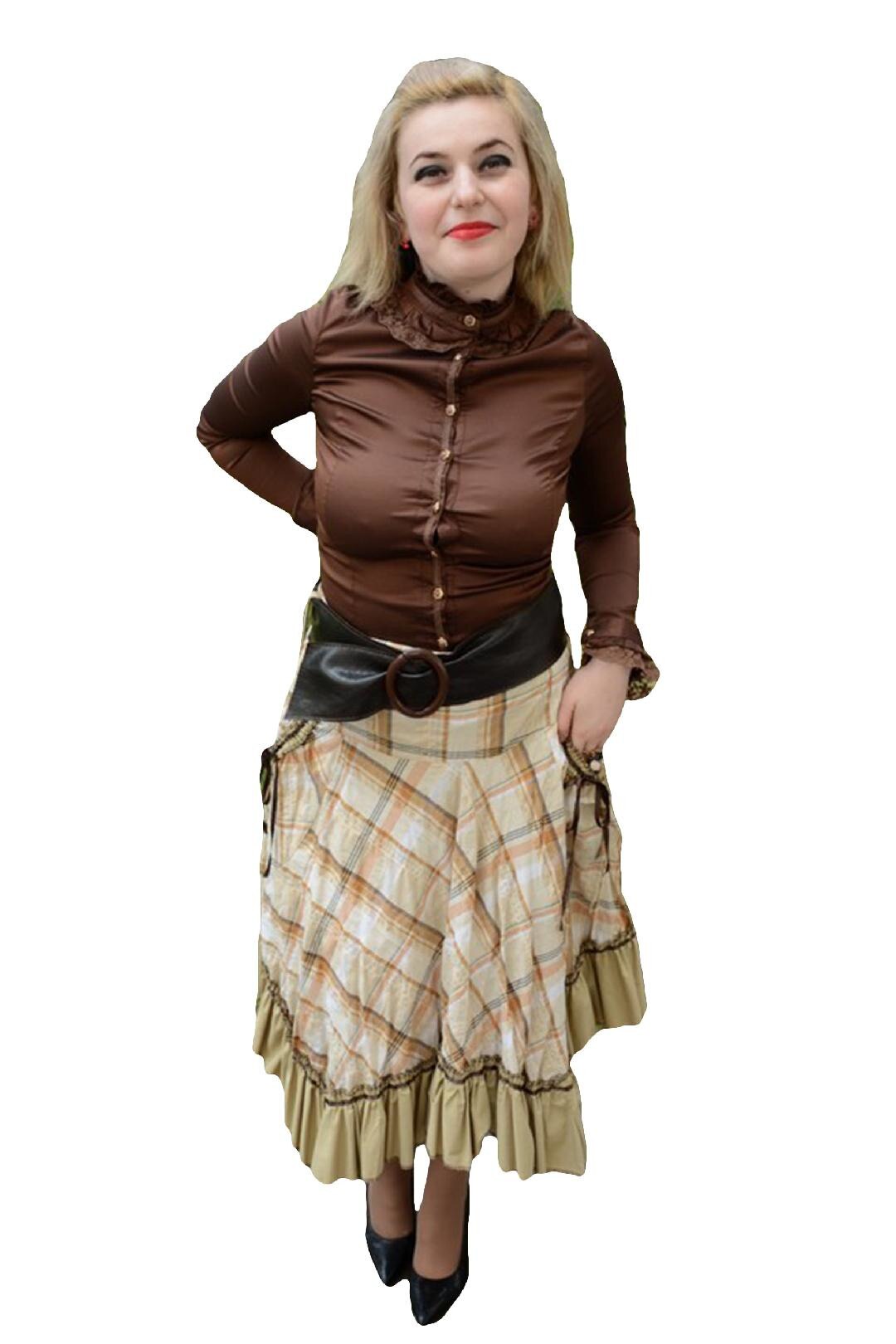 Fusta moderna, cu design de carouri si buzunar, D&J Exclusive, Bej