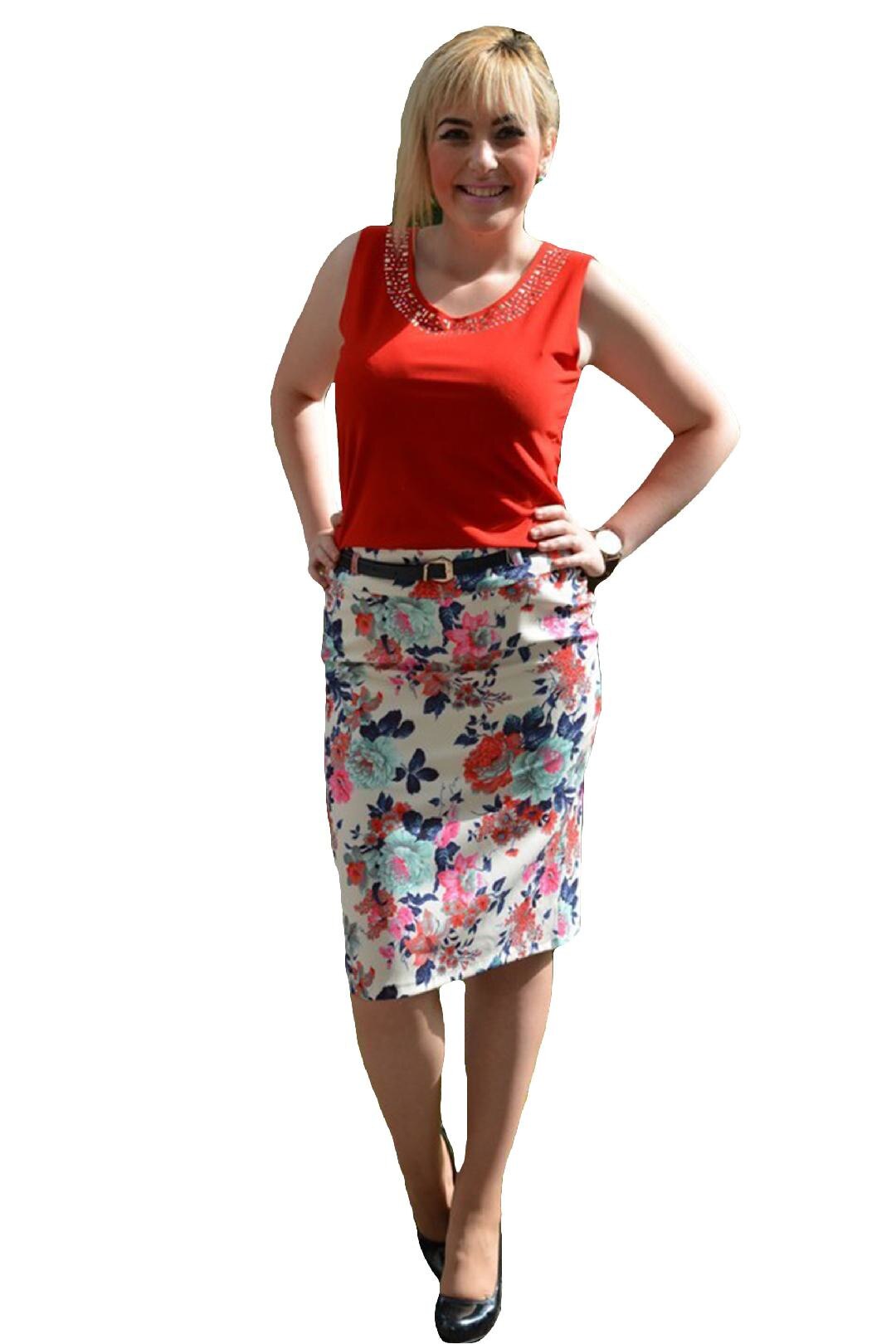 Fusta scurta de primavara, alba cu imprimeu floral, D&J Exclusive, Multicolor