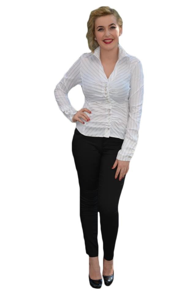 Camasa cu dungi si fronseuri dese, D&J Exclusive, Alb