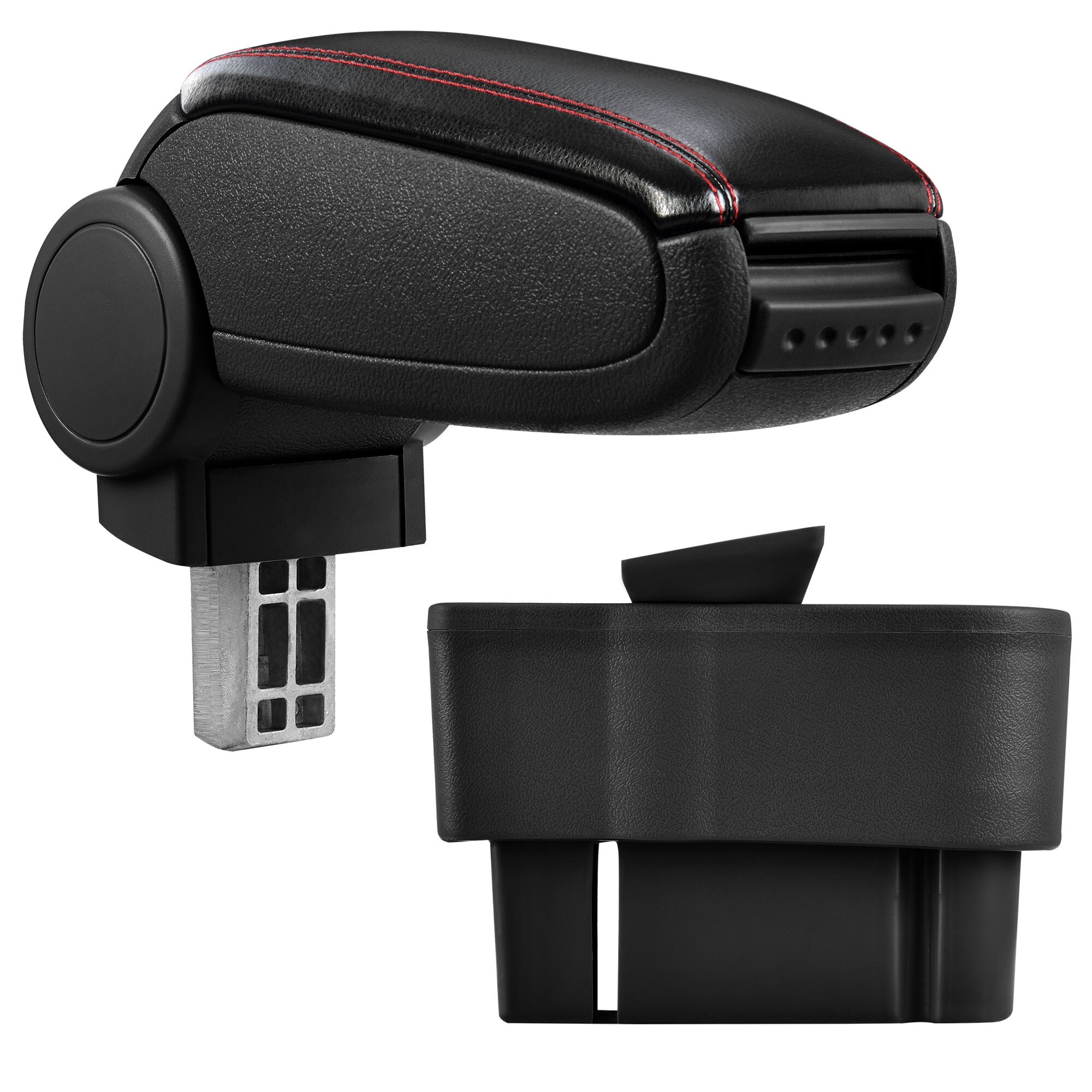 Cotiera auto, pro.tec, pentru Opel Corsa D, imitatie piele, negru cu cusatura rosie - cu compartiment pentru depozitare