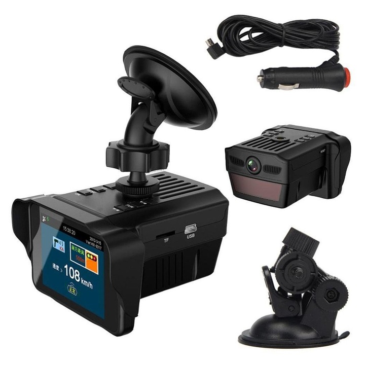 Camera auto 2-in-1 cu detector radar, 1080P, montare parbriz, port USB/slot TF, negru