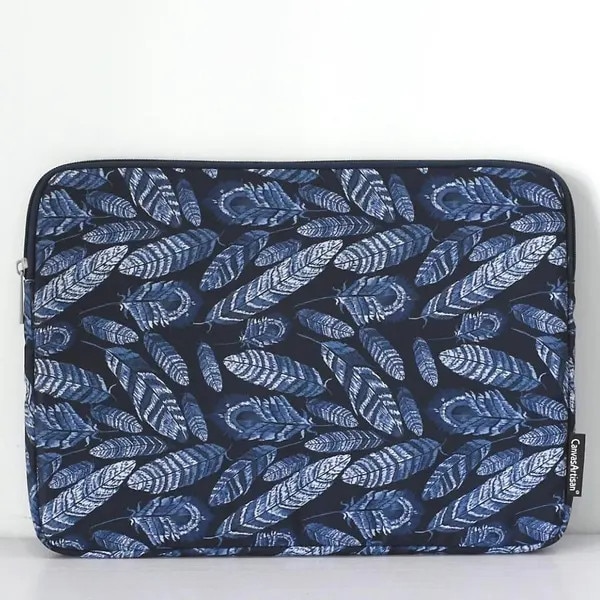 Husa pentru laptop PRE-CJk0515-26-0806-510, din canvas cu fermoar, model cu frunze, captuseala moale, albastru/alb, 373 x 265 x 24 mm