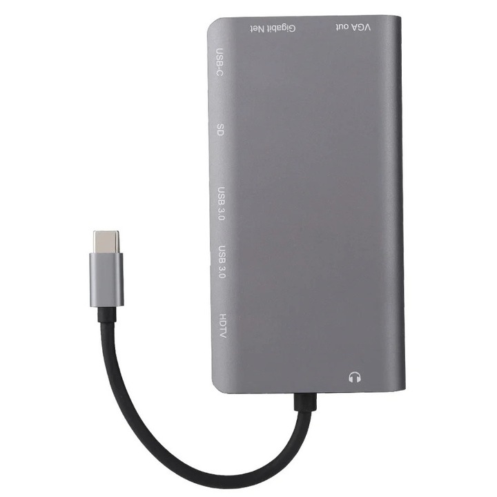 Statie de andocare USB-C emag01-WT13649, hub multiport cu 2 x USB 3.0, HDMI 4K@30Hz, VGA, Ethernet Gigabit, cititor SD, port PD pentru incarcare, gri