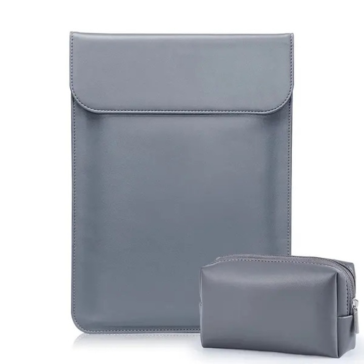 Husa pentru laptop PRE-CJk0515-26-0806-2073, din piele PU, pentru 13,3", cu material interior moale si doua magneti ascunsi, rezistenta la apa, include geanta pentru accesorii, gri, 35,2 x 26,7 cm