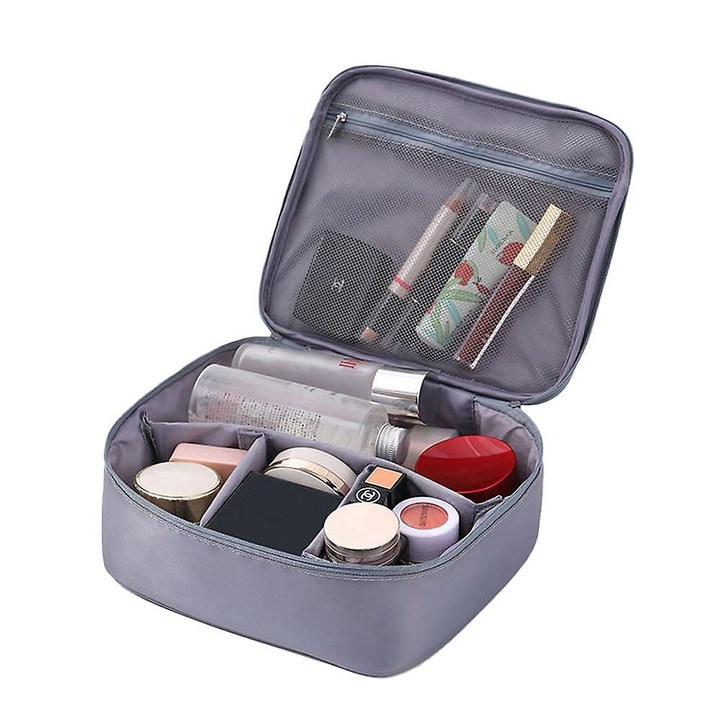 Neceser cosmetic, material impermeabil, compartimentare reglabila, buzunar plasa cu fermoar si suport pentru pensule retractabil, gri
