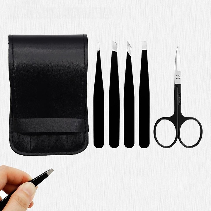 Set de pensete si foarfeca pentru sprancene, k0441-0725-QHeamg236844, din otel inoxidabil, negru, 5 piese cu etui din piele