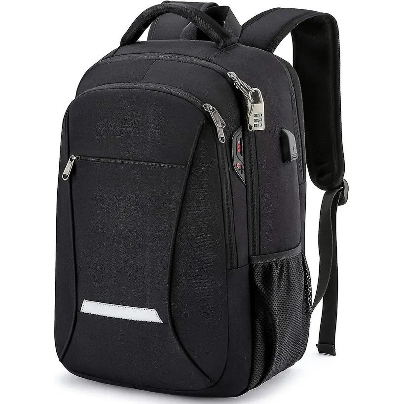 Rucsac pentru laptop din poliester, compartiment pentru laptop 15,6", port USB extern cu cablu intern, sistem antifurt si fermoare blocabile, rezistent la apa, negru