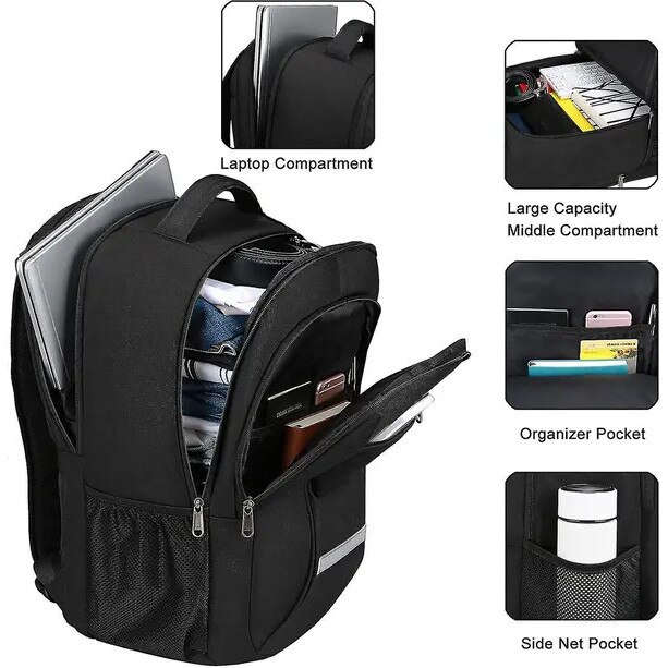 Rucsac pentru laptop din poliester, compartiment pentru laptop 15,6", port USB extern cu cablu intern, sistem antifurt si fermoare blocabile, rezistent la apa, negru