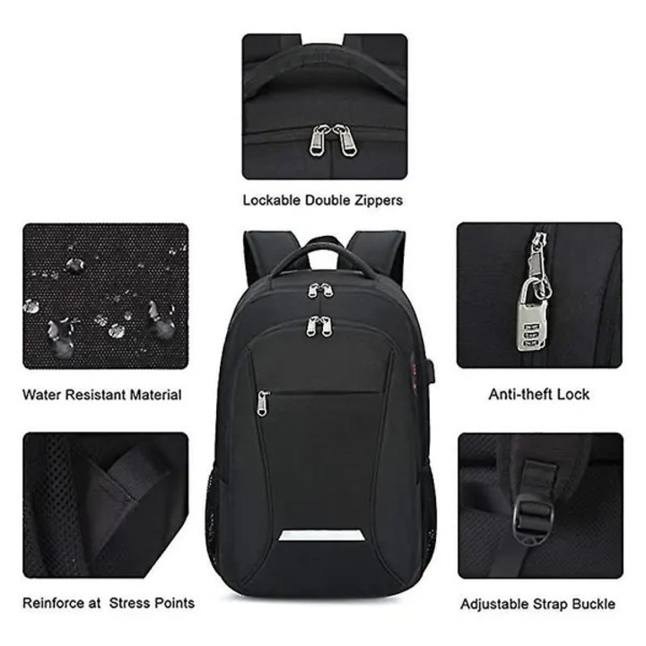 Rucsac pentru laptop din poliester, compartiment pentru laptop 15,6", port USB extern cu cablu intern, sistem antifurt si fermoare blocabile, rezistent la apa, negru