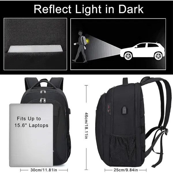 Rucsac pentru laptop din poliester, compartiment pentru laptop 15,6", port USB extern cu cablu intern, sistem antifurt si fermoare blocabile, rezistent la apa, negru