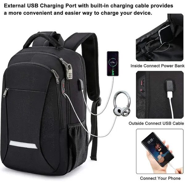 Rucsac pentru laptop din poliester, compartiment pentru laptop 15,6", port USB extern cu cablu intern, sistem antifurt si fermoare blocabile, rezistent la apa, negru