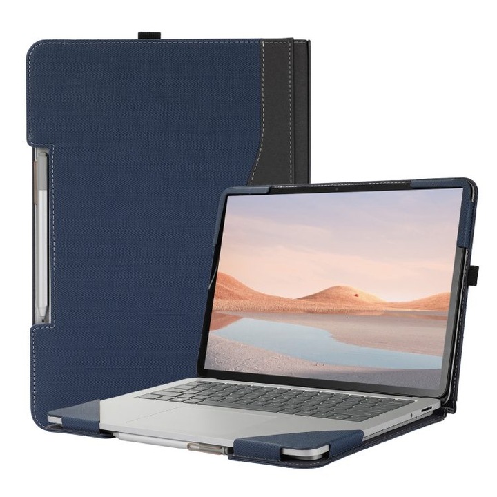 Husa de protectie pentru laptop K0403-emagCJ-32615, din PU si piele microfibra, anti-soc, decupaje pentru ventilatie si suport stylus, albastru, 33.2 x 24 x 2.7 cm, compatibil Microsoft Surface Laptop