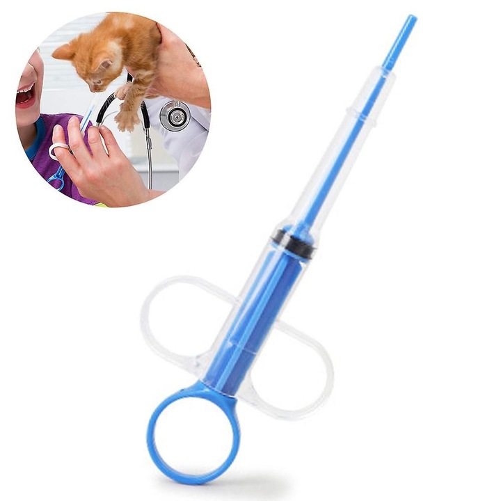 Seringa de hranire pentru animale K0473-0717-TMCJ-6809, plastic medical, varf silicon moale cu 2 capete, albastru, 15 cm