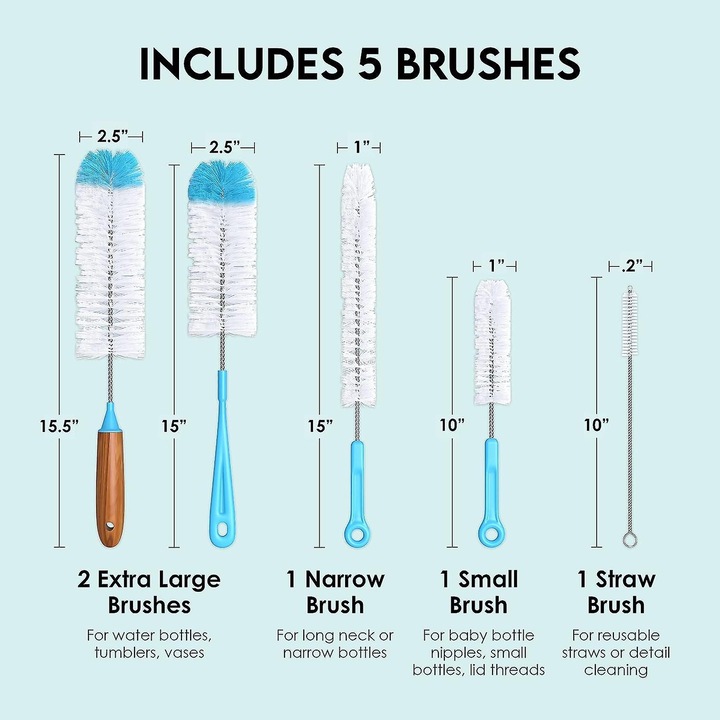 Set perii pentru sticle model K0323-0715CJ8704, peri din nailon fara BPA, manere bambus/plastic, 5 piese, multicolor