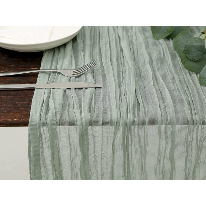 Asztali futó K0323-0724-CJ3016, poliészter cheesecloth, boho stílusú gyűrt textúrával, zöld, 300 x 90 cm