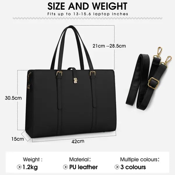 Geanta laptop din piele vegana, geanta de mana cu bareta reglabila detasabila, compartiment pentru laptop 13–15,6 inch, negru, 42 x 15 x 30,5 cm