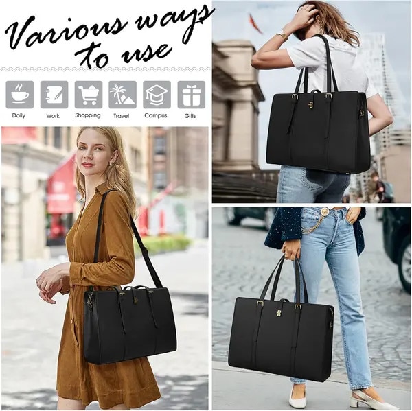 Geanta laptop din piele vegana, geanta de mana cu bareta reglabila detasabila, compartiment pentru laptop 13–15,6 inch, negru, 42 x 15 x 30,5 cm