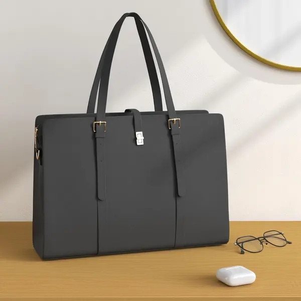Geanta laptop din piele vegana, geanta de mana cu bareta reglabila detasabila, compartiment pentru laptop 13–15,6 inch, negru, 42 x 15 x 30,5 cm