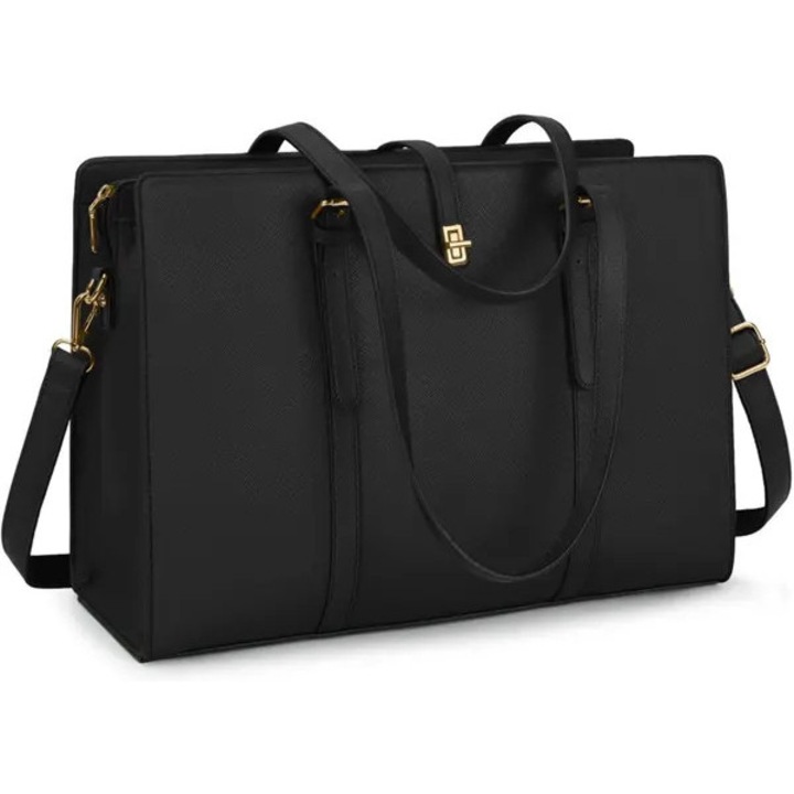 Geanta laptop din piele vegana, geanta de mana cu bareta reglabila detasabila, compartiment pentru laptop 13–15,6 inch, negru, 42 x 15 x 30,5 cm