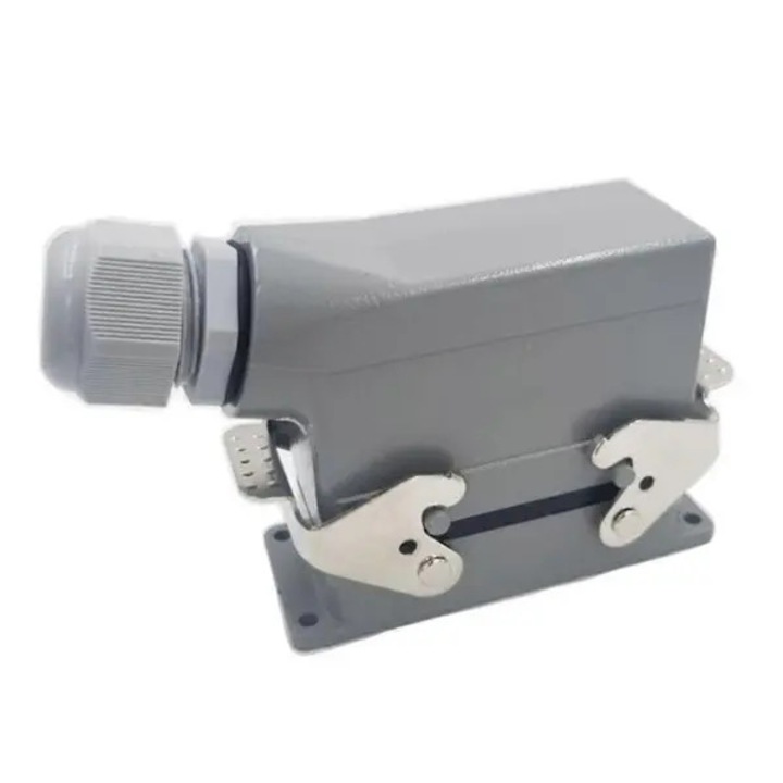 Conector industrial dreptunghiular HDC-HE-10, 10 pini, 16 A, 500 V, IP65, carcasa din aliaj de aluminiu turnat, iesire laterala, gri, 44x93x86 mm, cod CJ-FQ-K0384-260505-1272