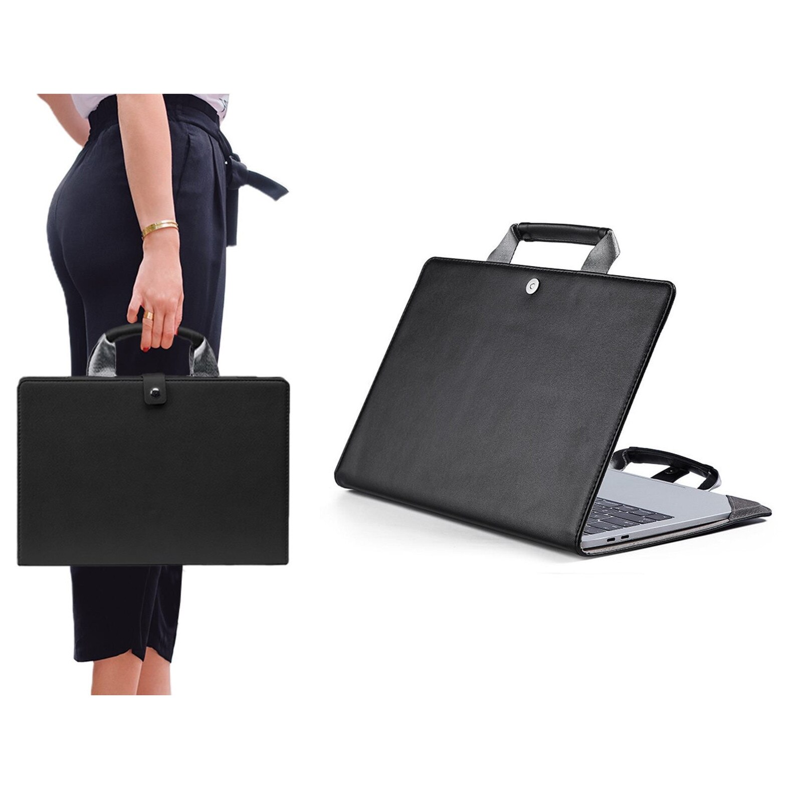 Husa protectoare pentru laptop K0323-0720-CJ16173, din piele PU cu inchidere magnetica, maner si protectie colturi, pentru MacBook Air 13.3 (A1369/A1466), negru, 32.7 x 22.5 cm