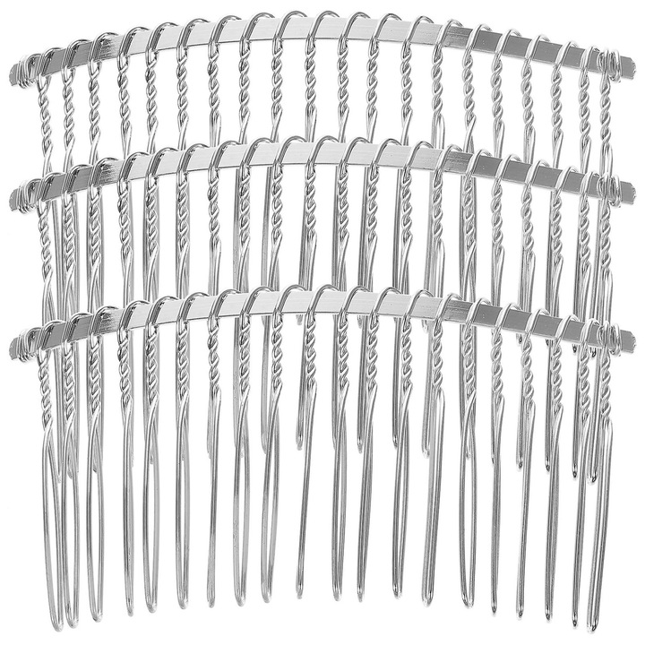 Pieptene metalic pentru voal, 20 dinti, 7,8 cm, set 3 bucati, argintiu