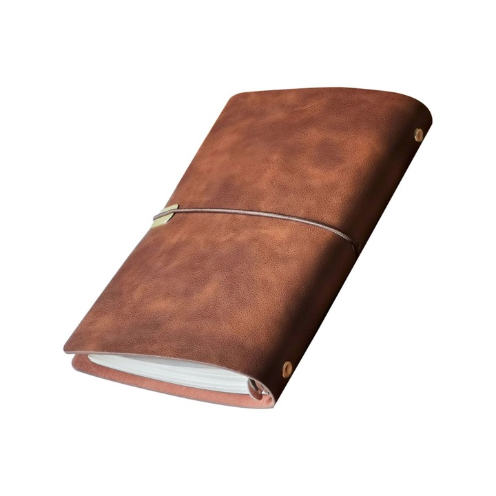 Agenda/caiet A5 cu coperta din piele sintetica moale, sistem inel metalic pentru foi detasabile, curea elastica cu pandantiv metalic, maro, A5 (5 x 8.3 inch)