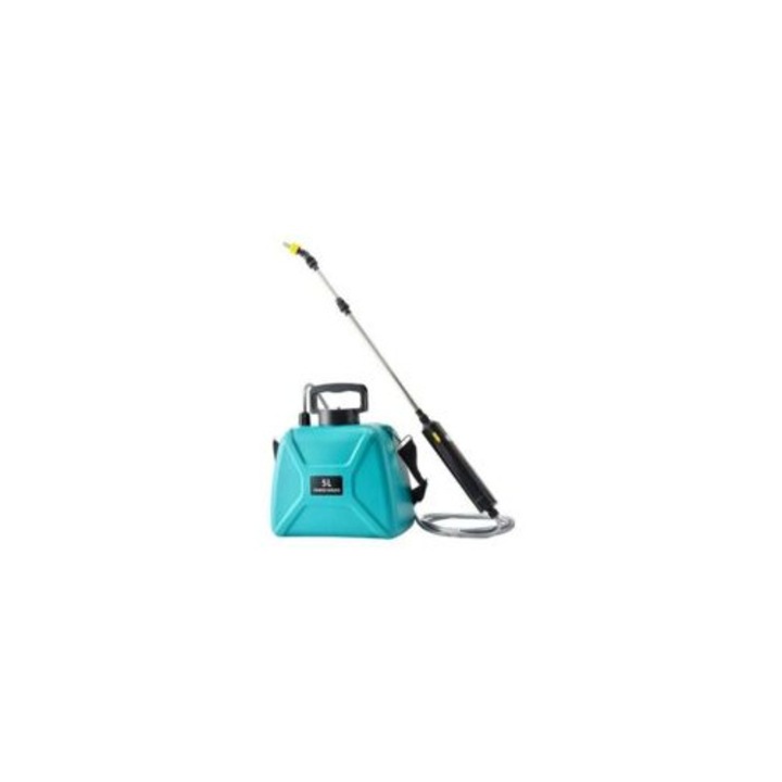 Pulverizator electric pentru gradina 92SZOO-k0085-260521-159, USB reincarcabil, baterie 2400 mAh (2–3 h), rezervor 5 L, 3 duze reglabile, 5 moduri pulverizare, lance telescopica 60–90 cm, verde turcoaz