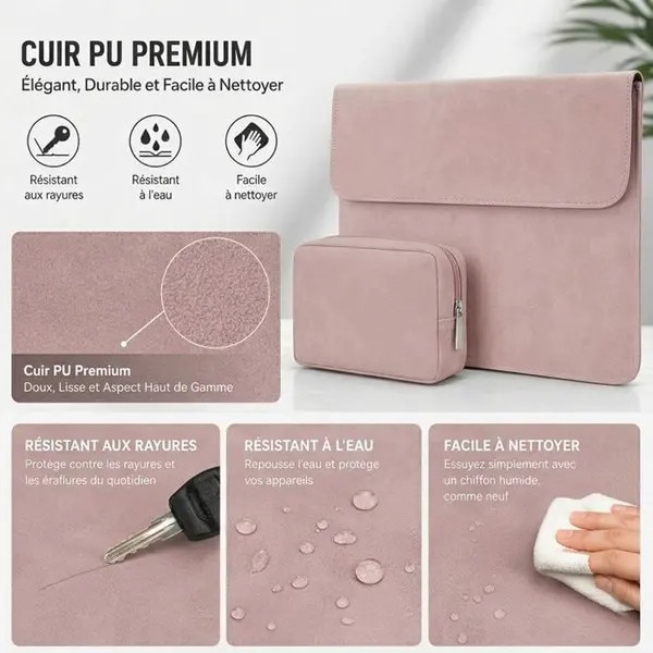 Husa pentru laptop 13 inch FRU-CJK0424-260710-1624, exterior piele sintetica (suede), captuseala microfibra, inchidere magnetica, penar cu fermoar inclus, roz pal, compatibil MacBook Air/Pro 13