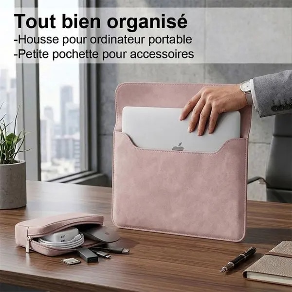 Husa pentru laptop 13 inch FRU-CJK0424-260710-1624, exterior piele sintetica (suede), captuseala microfibra, inchidere magnetica, penar cu fermoar inclus, roz pal, compatibil MacBook Air/Pro 13