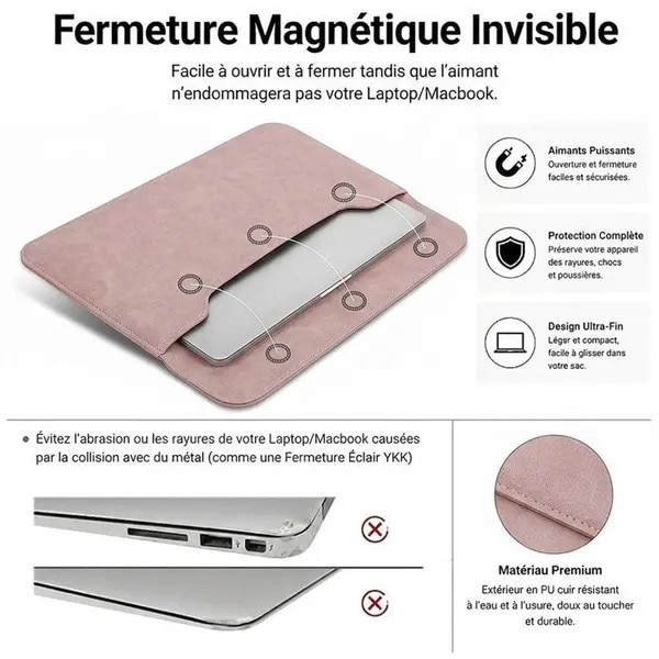 Husa pentru laptop 13 inch FRU-CJK0424-260710-1624, exterior piele sintetica (suede), captuseala microfibra, inchidere magnetica, penar cu fermoar inclus, roz pal, compatibil MacBook Air/Pro 13