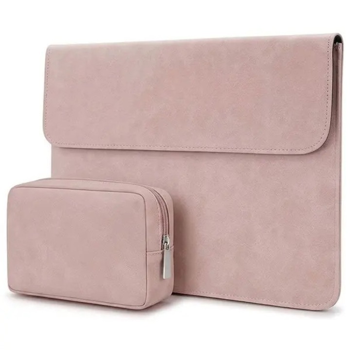 Husa pentru laptop 13 inch FRU-CJK0424-260710-1624, exterior piele sintetica (suede), captuseala microfibra, inchidere magnetica, penar cu fermoar inclus, roz pal, compatibil MacBook Air/Pro 13