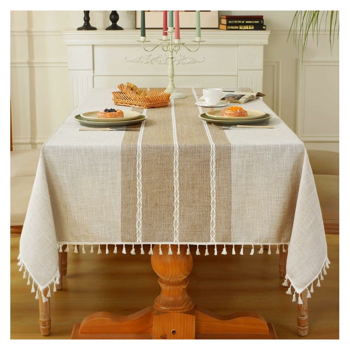 Rusztikus asztalterítő pamutból és lenből K0473-0717-TMCJ-3780, vízálló, mosható, rojtokkal, bézs, 140 x 218 cm