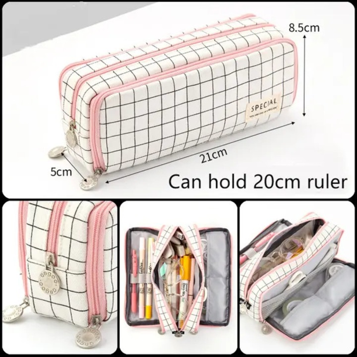 Penar mare cu 3 compartimente CJ-FY-K0238-260722-3972, din canvas, dublu fermoar, buzunare mesh si banda elastica, capacitate pentru 40 creioane, multicolor, 21 x 8.5 x 5 cm