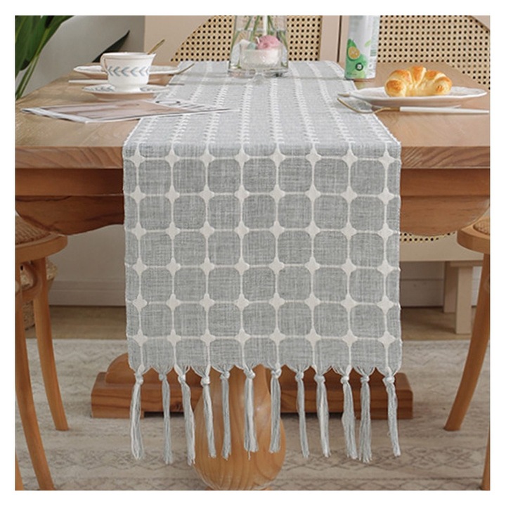 Boho asztalifutó lenből, rojtokkal, geometrikus mintával, világosszürke/fehér, 13 x 72 hüvelyk