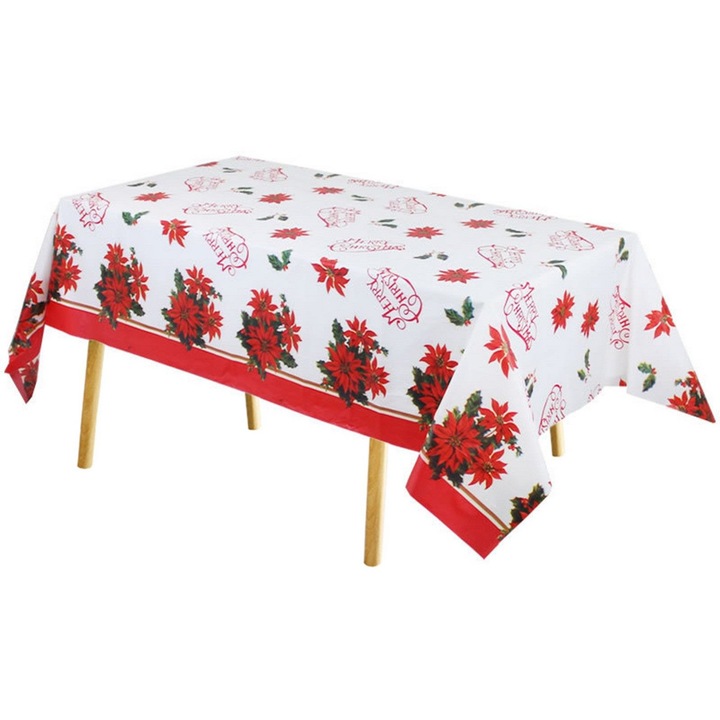 Eldobható terítő K0323-0723-CJ6933, PE, téglalap alakú karácsonyi mintákkal, fehér/piros, 274 x 137 cm, 2 db-os szett.