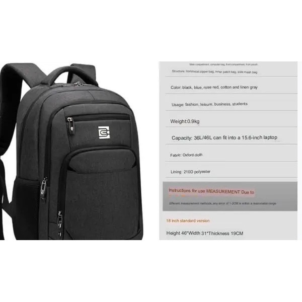 Rucsac laptop din Oxford, capacitate mare, peste 20 buzunare, port USB extern si jack audio, curea pentru troler, spate respirabil, IZO-CJ-K0502-2026-0721-2768, negru, 18 inch